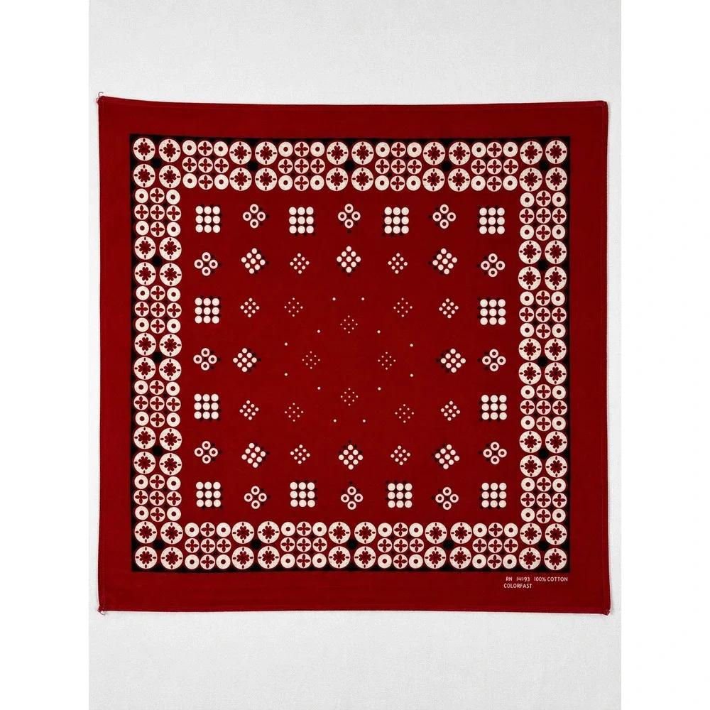 Colorfast Red Cotton Bandana Geometric Floral Dot RN 14193 Vintage 60s 70s 20x21